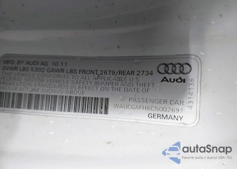 2012 Audi S5 3.0 Premium Plus from USA, damaged, VIN WAUCGAFH6CN002691